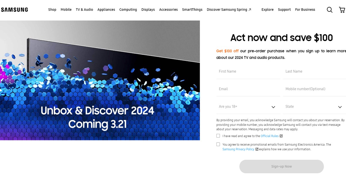 A 30-second signup gets you $100 off the Samsung 2024 TV lineup
